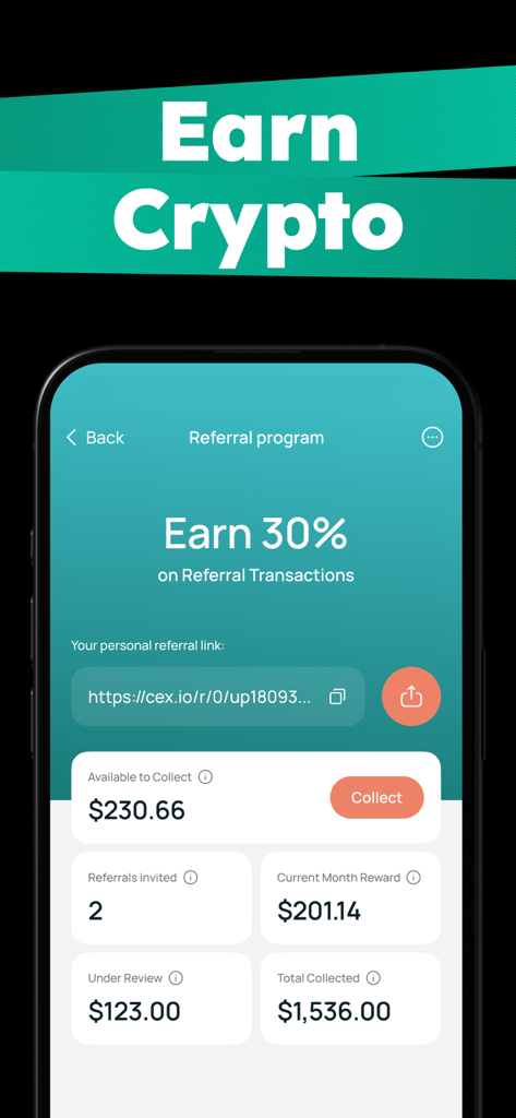 Interfaz del programa de referidos cripto de CEX.IO que muestra recompensas del 30 por ciento y ganancias de la cuenta