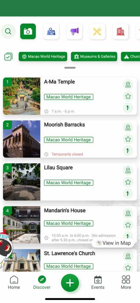 Experience Macao 感受澳門 - Experience Macao 앱의 마카오 세계 유산 유적지 목록.