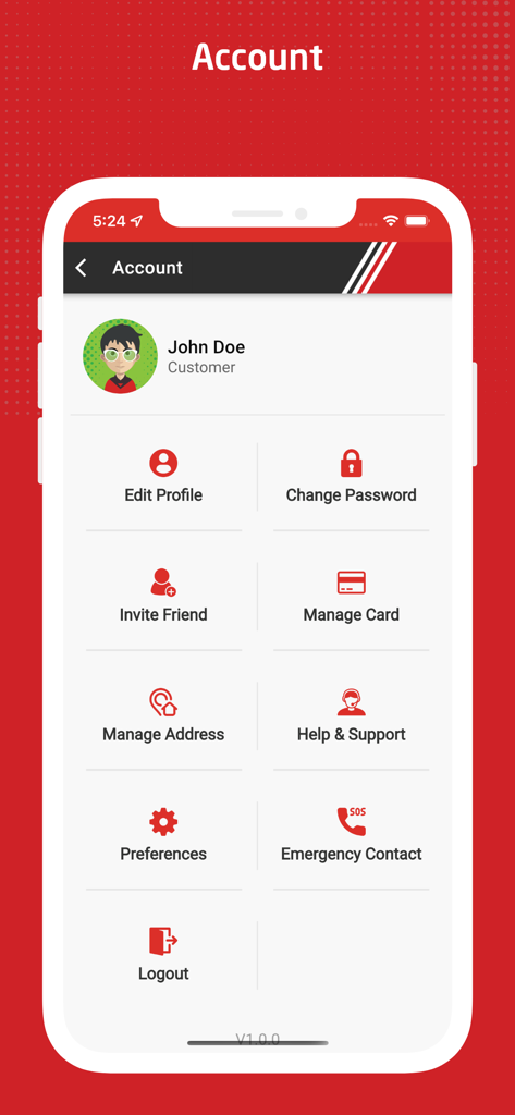 GoFood (PNG) Customer - GoFood PNG顧客アプリのアカウント設定画面。プロフィール編集、カード管理、ヘルプサポートなどのユーザープロフィールオプションが表示されています