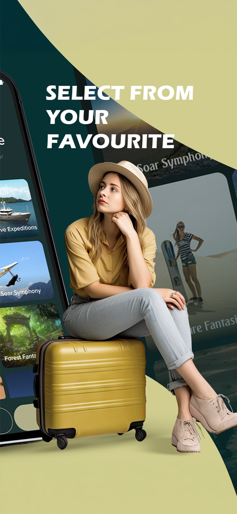 Safarjala - Safarjalaアプリで旅行体験を閲覧しながら黄色いスーツケースに座っている女性