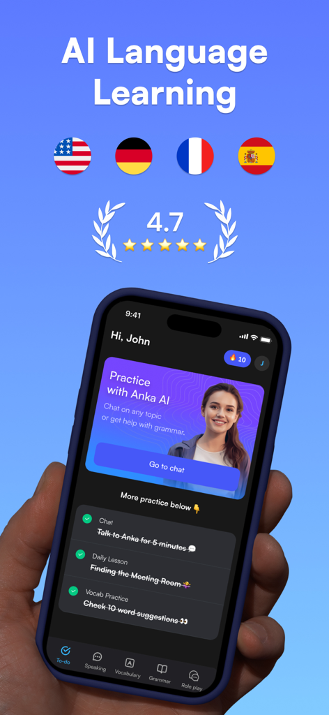 Heylama - AI Language Learning - Interfaz de la aplicación móvil Heylama en la pantalla de un smartphone que muestra un panel personalizado para el aprendizaje de idiomas impulsado por IA con una calificación de 4.7 estrellas