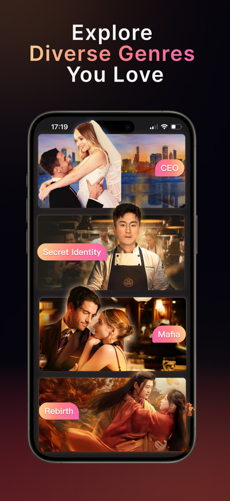 NetShort - Popular Dramas & TV - Mobile interface of NetShort app showcasing various short drama genres including CEO, Secret Identity, Mafia, and Rebirth.