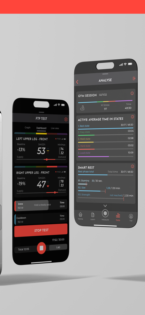 Two smartphone screens displaying the Train Red app interface for real-time muscle oxygen saturation monitoring and exercise analysis.