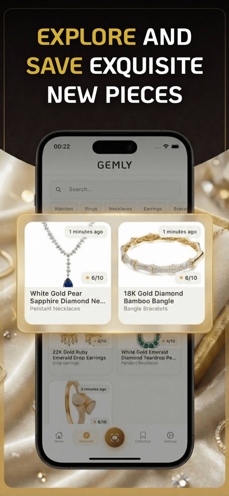 Gemly app screen showing a discover feed with identified jewelry pieces including a sapphire necklace and an 18k gold diamond bangle.