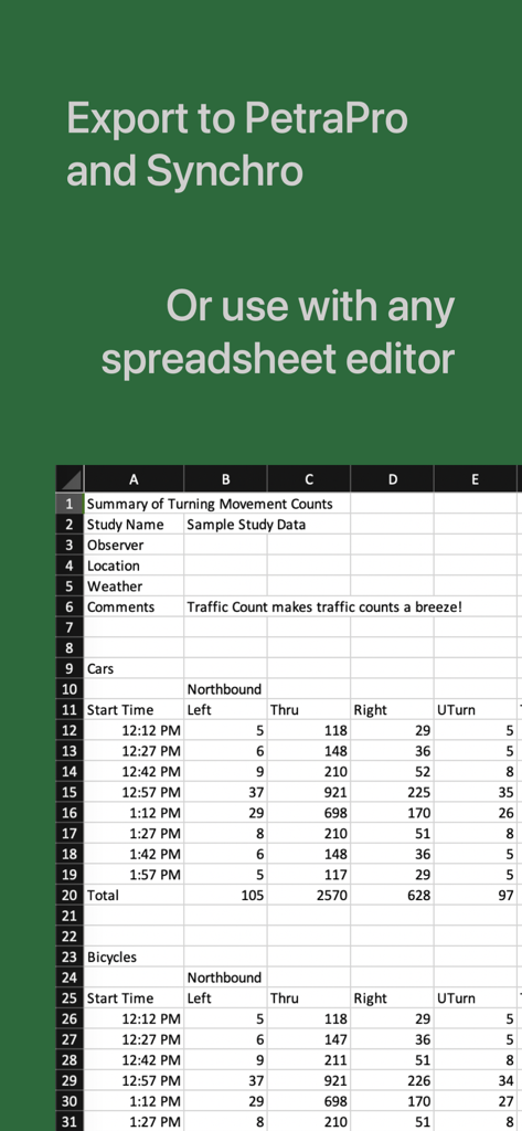 Traffic Count - TMC - Uma exibição de planilha de dados de contagem de movimento de curva com colunas para tráfego à esquerda, em frente, à direita e em U para carros e bicicletas