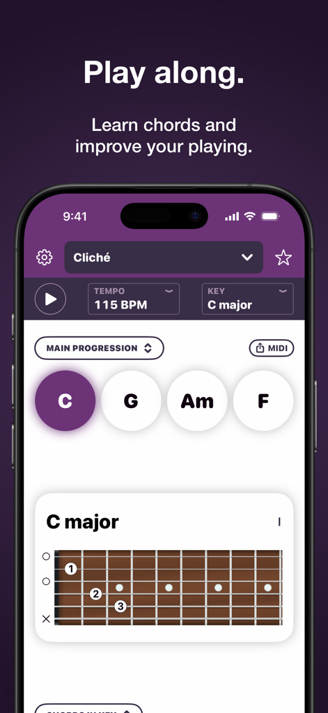 Autochords - Autochords app interface showing a guitar chord progression in C major with fretboard diagram