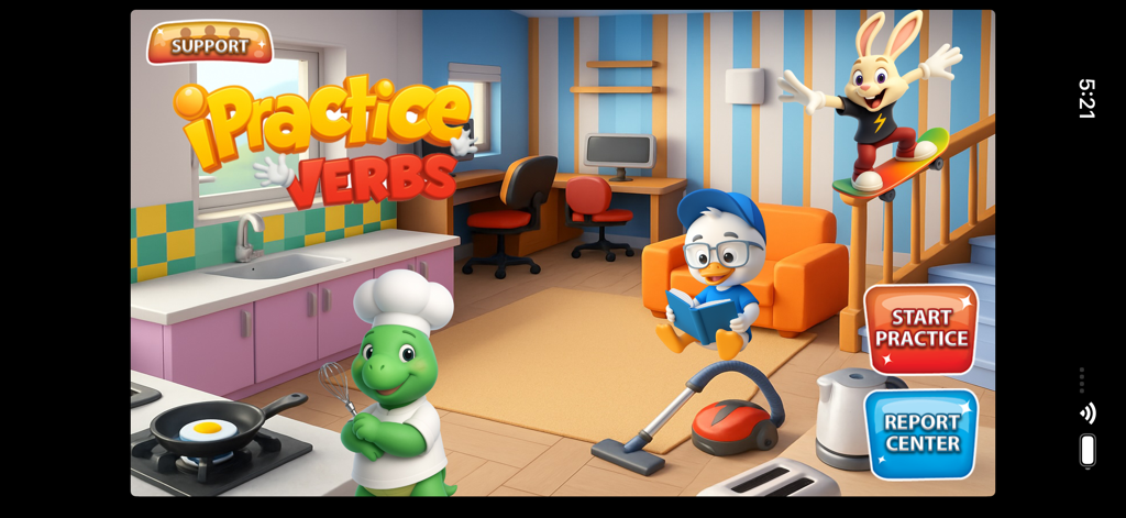iPractice Verbs - Home screen of iPractice Verbs app showing animated characters and menu buttons for starting practice and viewing reports.