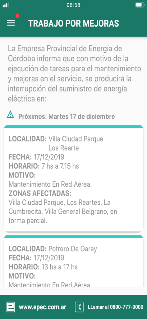 Epec Movil app screen showing scheduled power maintenance and affected service zones