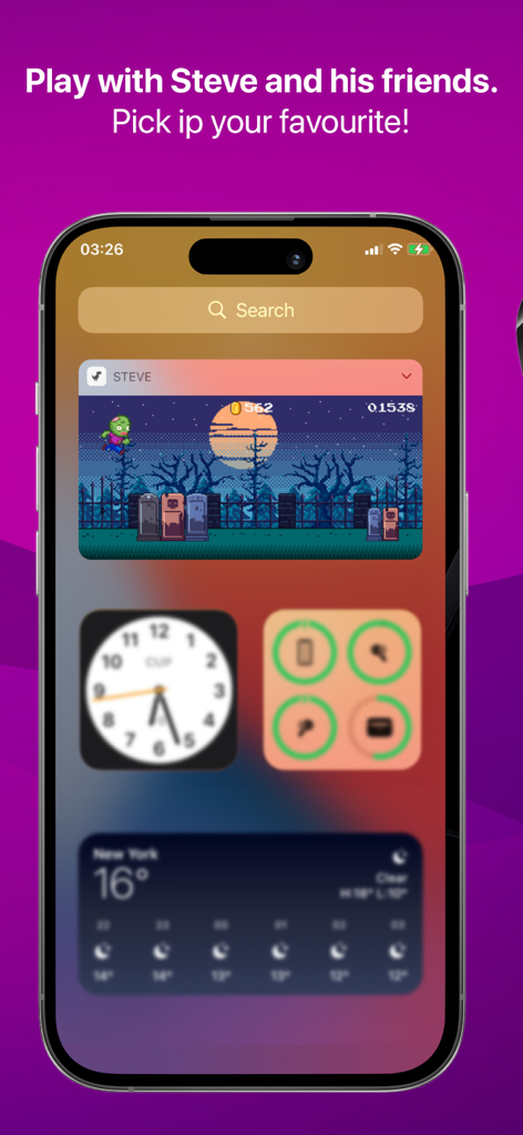 Un iPhone che mostra lo Steve Widget Dinosaur Game con una skin del personaggio zombie nel centro notifiche.