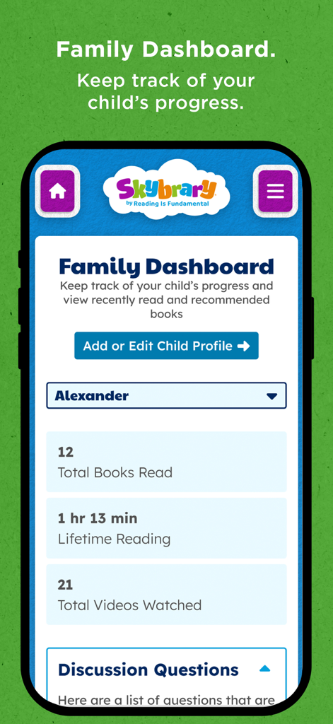Skybrary – Kids Books & Videos - Skybrary app family dashboard showing a child reading progress with books read and time spent reading