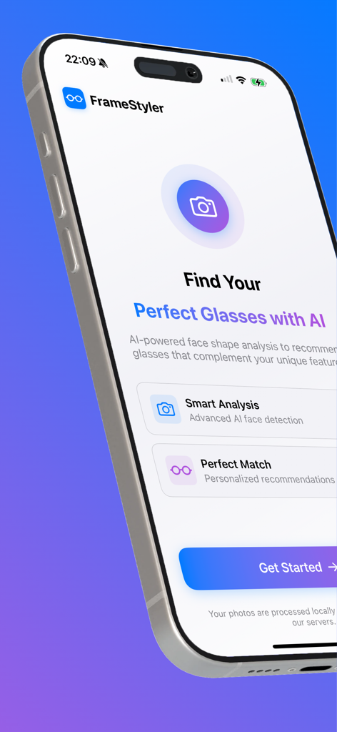 FrameStyler app home screen for AI powered face analysis and glasses recommendations