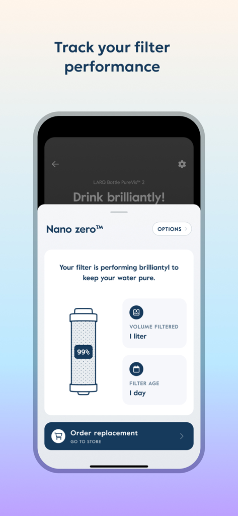 LARQ - Smartphone screen showing LARQ app tracking Nano Zero filter life and performance metrics