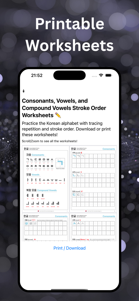 A screen from the HangulTree app showing printable worksheets for practicing Korean Hangul consonant and vowel stroke orders.