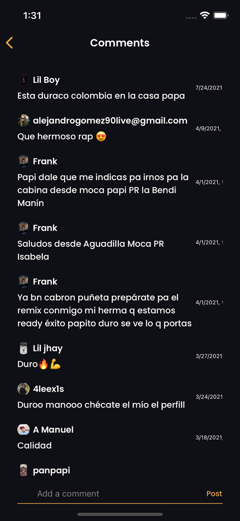 Shamar - A screen showing user comments and feedback on a video within the Shamar talent app