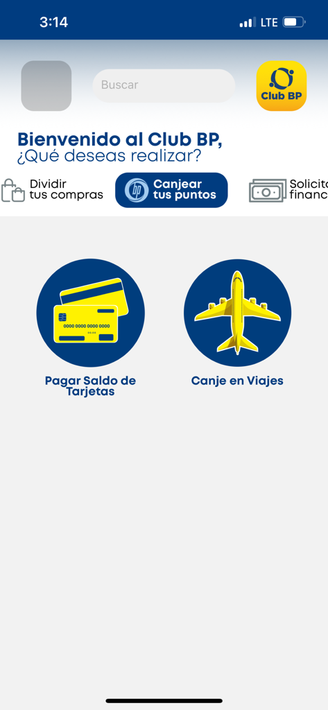 Club BP - Pantalla de inicio de la aplicación Club BP de Banpais que muestra opciones para pagar el saldo de la tarjeta y canjear puntos por viajes.