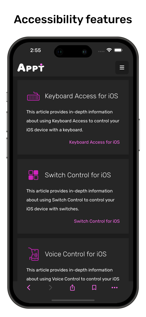 Appt - App accessibility - Interfaz de la app Appt que muestra una lista de funciones de accesibilidad de iOS, incluyendo Acceso por Teclado y Control por Botón