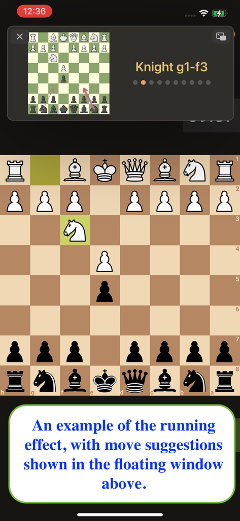 ChessBot - Real-time Advisor - ChessBot app interface showing real-time move suggestions in a floating overlay window