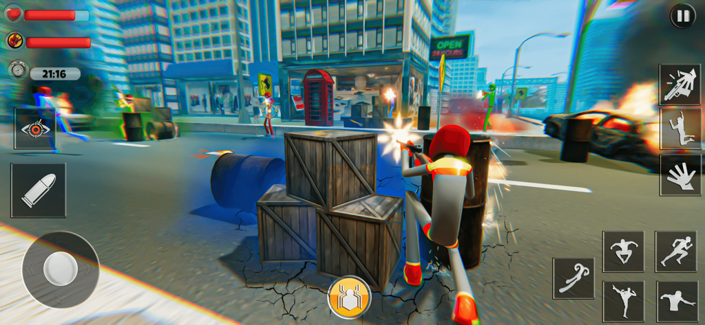 Stickman Spider Rope Hero 3D - A red stickman superhero taking cover and shooting in a city battle