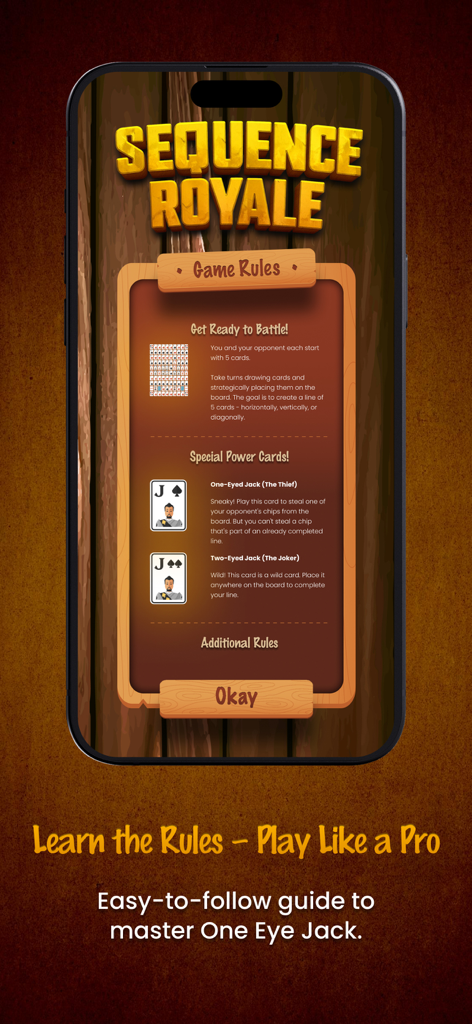 Captura de pantalla de la aplicación móvil Sequence Royale que muestra las reglas del juego e instrucciones especiales de cartas para Jotos de un ojo y de dos ojos.