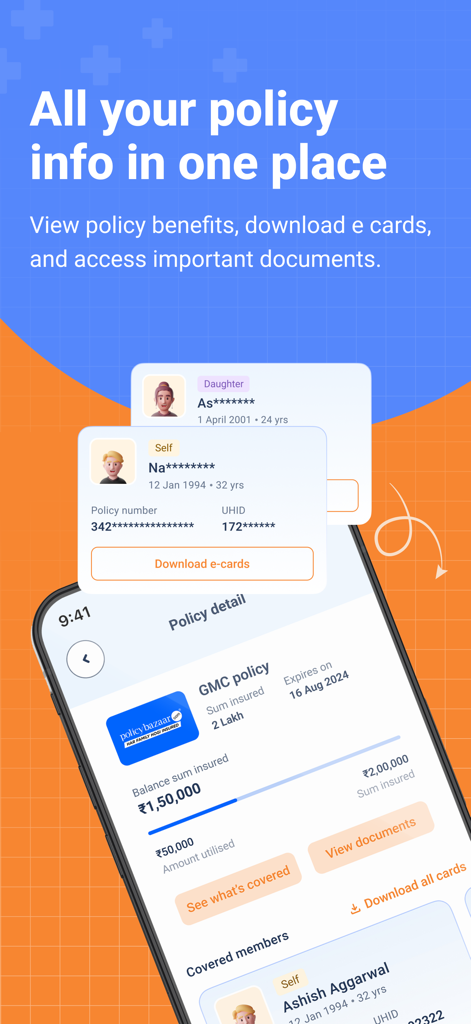 Docprime - Docprime mobile screen showing digital health insurance cards and policy benefits