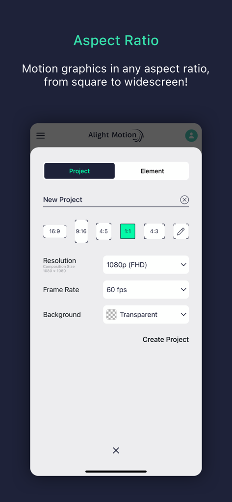 New project setup in Alight Motion showing aspect ratio resolution and frame rate options