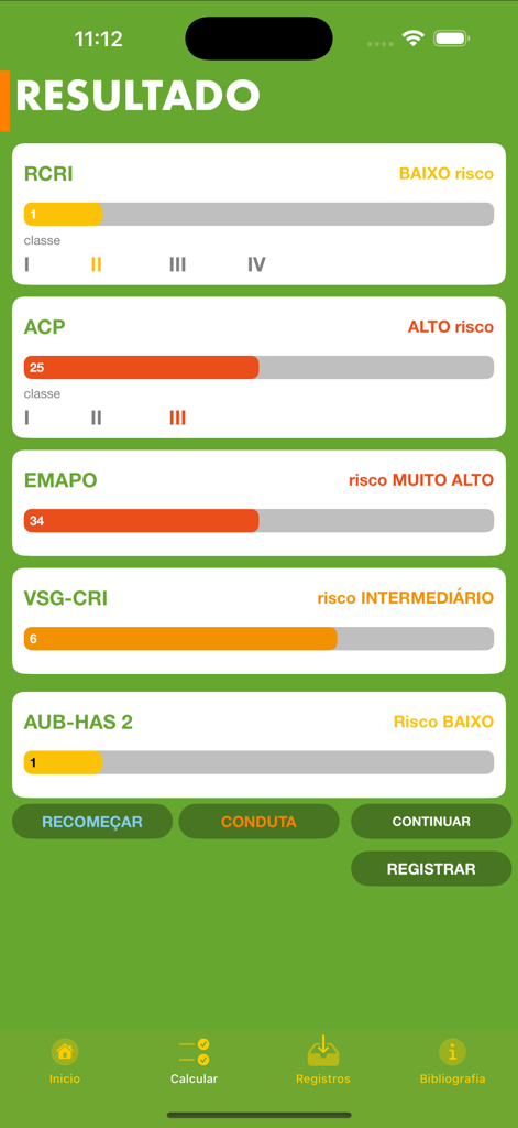 Results screen of the Perioperative risk app displaying several cardiac risk assessment scores including RCRI and ACP