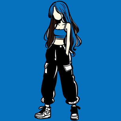 girl in baggy pants crop top and long hair