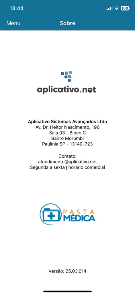 Pasta Médica - A tela 'Sobre' do aplicativo Pasta Medica exibindo informações de contato do desenvolvedor e a versão atual.