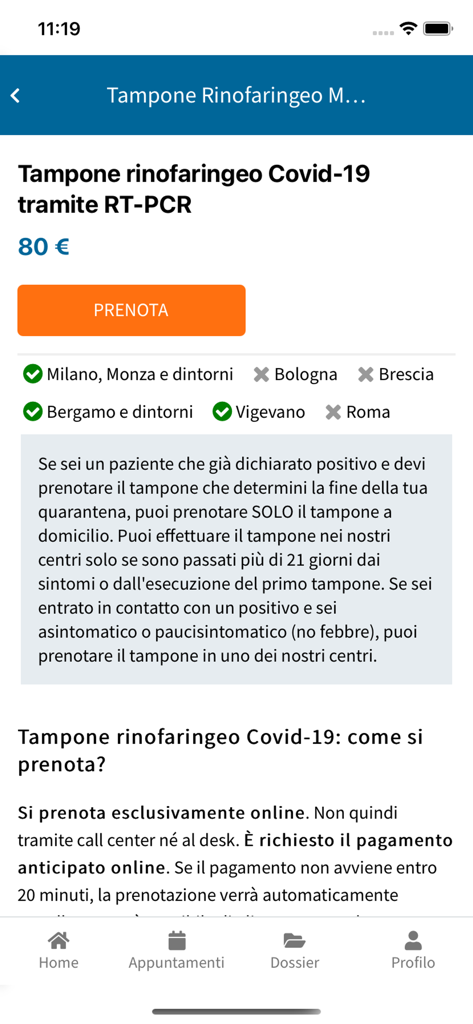 My Santagostino - Interface for booking a Covid-19 PCR test in the My Santagostino medical app