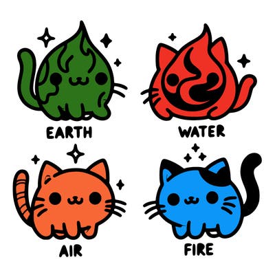 4 cats that represent the different elements, earth, water, air, and fire