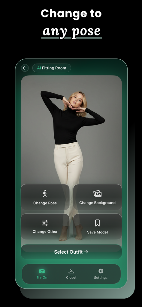 Fitting Room: Virtual Try On - A mobile app interface showing an AI-generated model with options to change pose and background for a virtual outfit try-on.