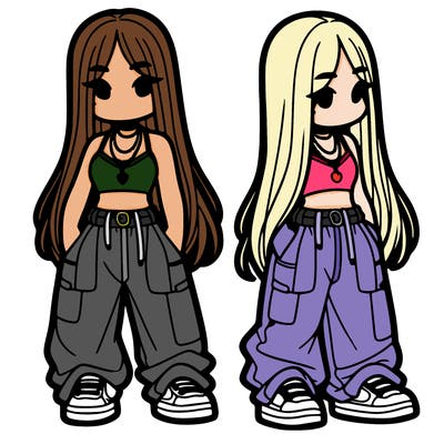 girl in baggy pants crop top and long hair