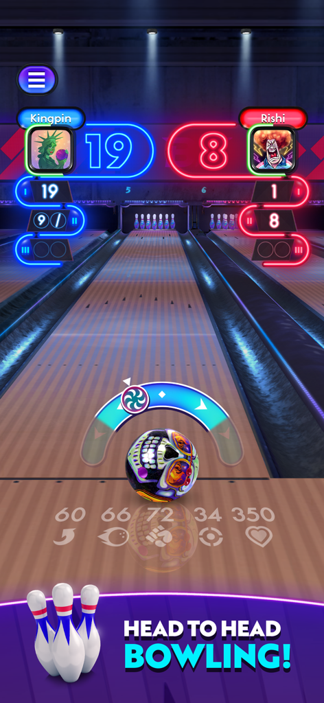 Bowling Fury: Ten Pin King - Una partida de bolos multijugador online cara a cara en Bowling Fury mostrando puntuaciones y una bola de bolos personalizada con calavera