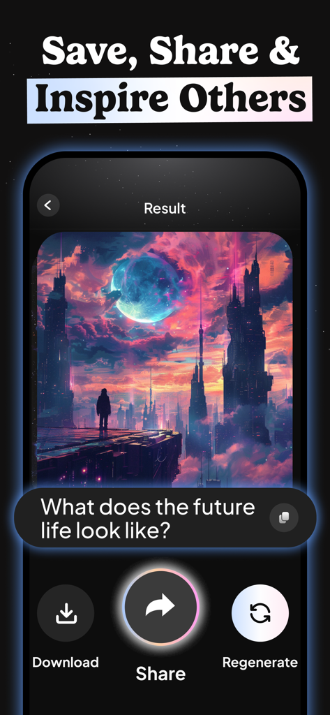 Dali AI image generator app showing a futuristic city artwork and sharing options