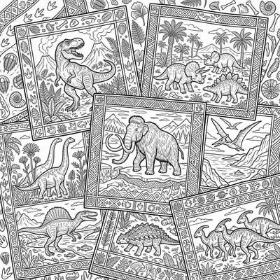 Dive into a magnificent collection of prehistoric animal blanket designs, featuring everything from mighty dinosaurs to majestic mammoths. Each intricate panel invites you to bring ancient creatures and their landscapes to life with your favorite colors.