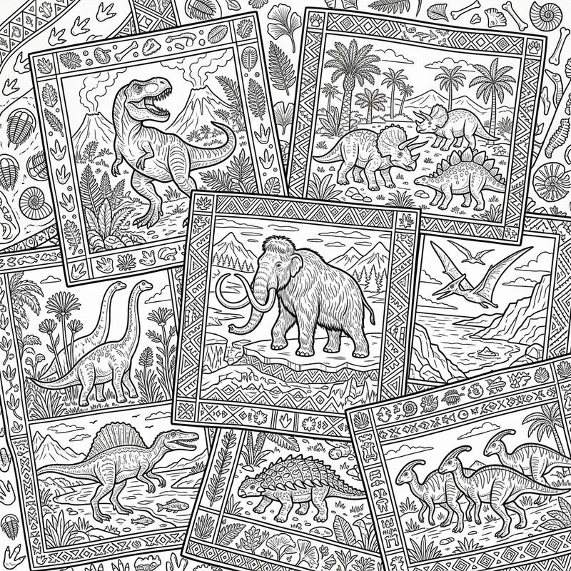 Dive into a magnificent collection of prehistoric animal blanket designs, featuring everything from mighty dinosaurs to majestic mammoths. Each intricate panel invites you to bring ancient creatures and their landscapes to life with your favorite colors.