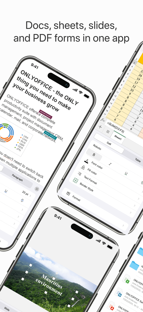 L'application ONLYOFFICE Documents présente des fonctionnalités d'édition de feuilles de calcul et de diapositives sur mobile.