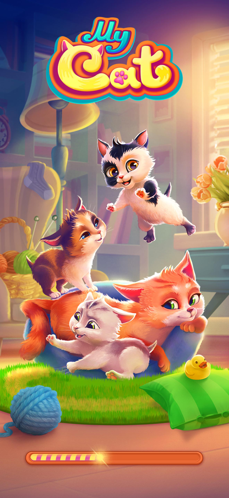 A group of adorable kittens playing in a cozy room on the splash screen of My Cat virtual pet games.