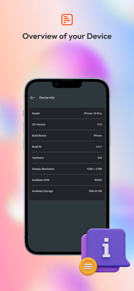WifiLink: Share WiFi - Pantalla de smartphone que muestra especificaciones técnicas del dispositivo como la versión del sistema operativo y el almacenamiento.