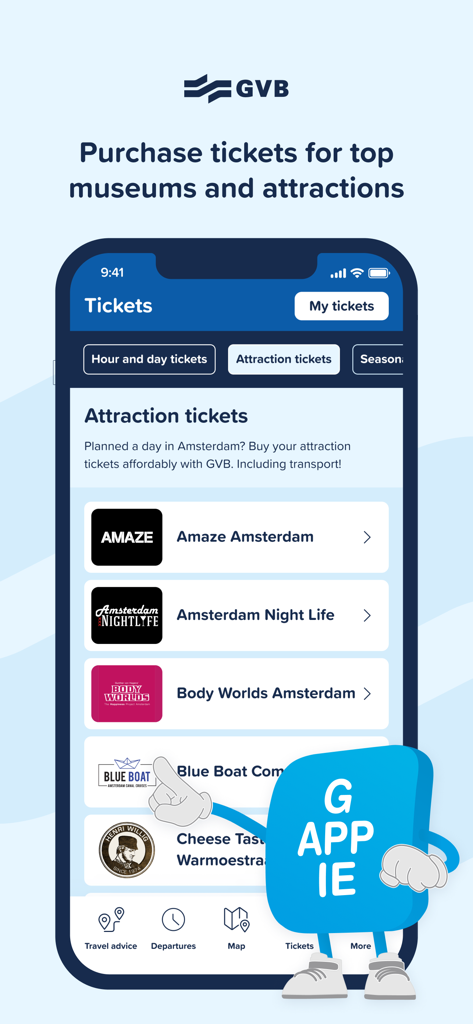 Pantalla de la app GVB para comprar entradas a museos y atracciones en Ámsterdam