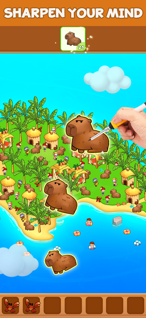 Capybara Match! - A mobile game screenshot of Capybara Match! showing a tropical island puzzle level where players find and match capybaras.