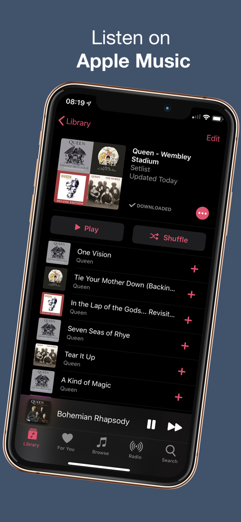 Playlist do Apple Music gerada a partir de uma setlist de show do Queen.