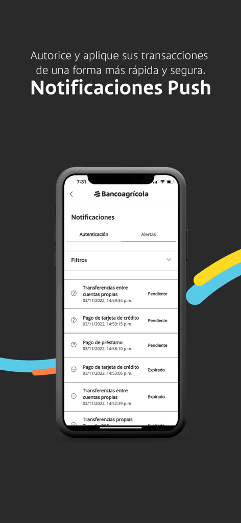 Pantalla de la aplicación móvil Bancoagricola Empresas que muestra notificaciones push para la autorización de transacciones comerciales
