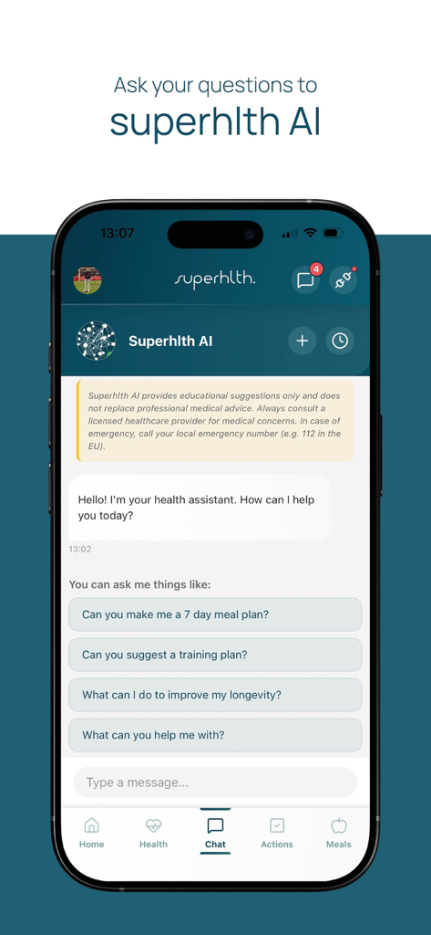 Superhlth AIチャットインターフェース。パーソナライズされた健康と長寿に関するアドバイスのための提案された質問を表示。