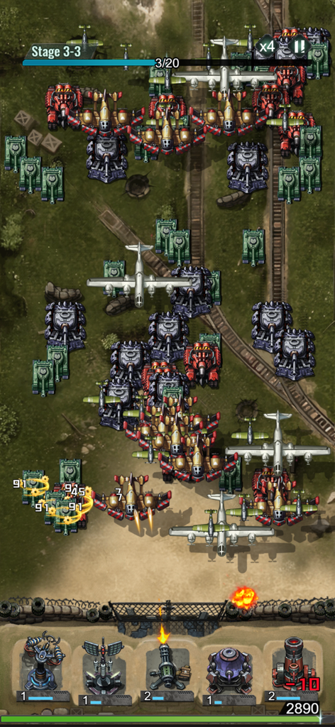 Last Bunker: 1945 - Top down view of Last Bunker 1945 tower defense gameplay with tanks and planes attacking defensive turrets