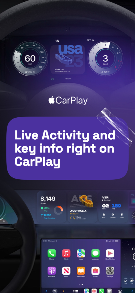 Activités en direct de Formule 1 et widgets d'informations de course affichés sur le tableau de bord d'une voiture avec Apple CarPlay.
