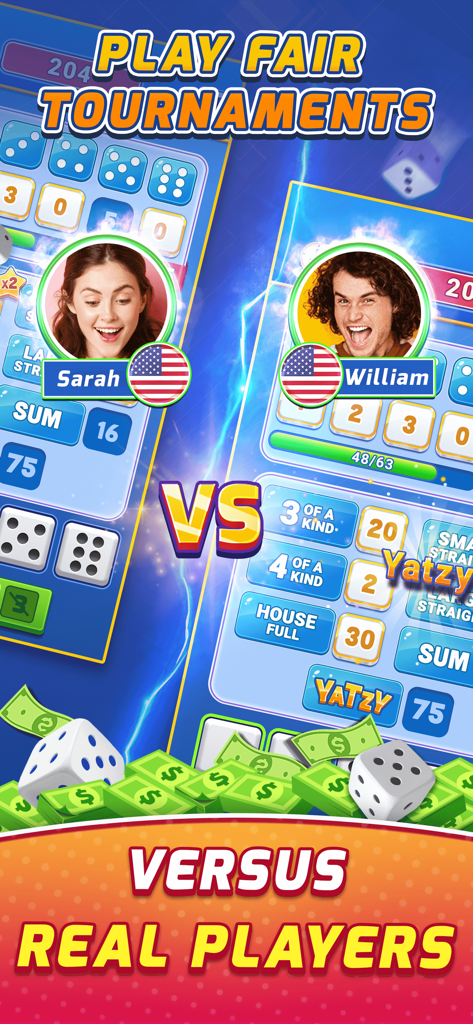 Sarah y William compitiendo cara a cara en un torneo de dados Yatzy Clash por premios en dinero real