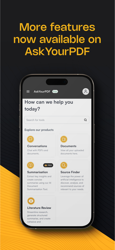 AskYourPDF app dashboard displaying AI tools for PDF conversations and summarisation