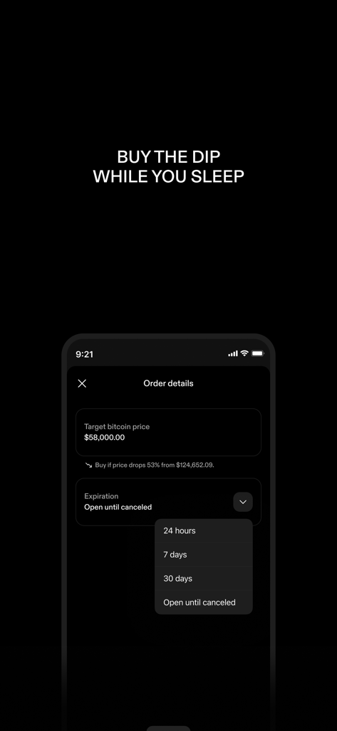 STRIKE: BUY & HOLD BITCOIN - Strike app screen showing target bitcoin price settings and order expiration options for automated buys