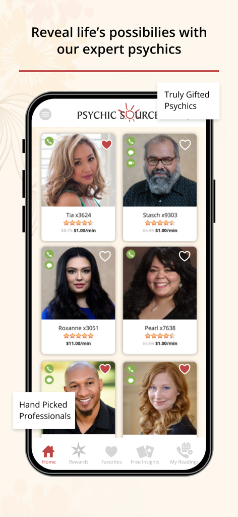 Pantalla de la aplicación Psychic Source que muestra perfiles de asesores psíquicos profesionales con calificaciones y tarifas